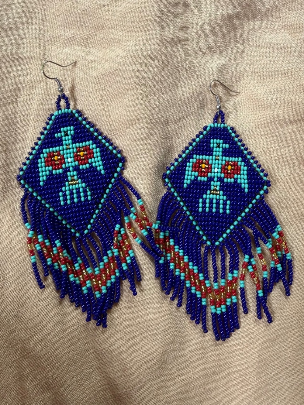 Handmade Beaded Thunderbird Fringe Earrings